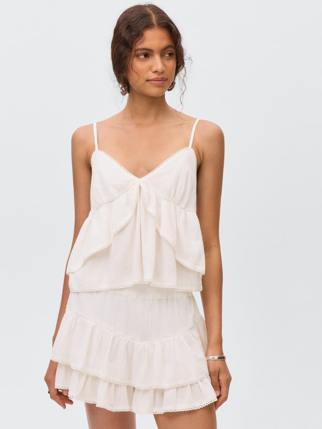 MANGO Ruffled Detail Pure Cotton Shoulder Straps Empire Top with Lace Inserts