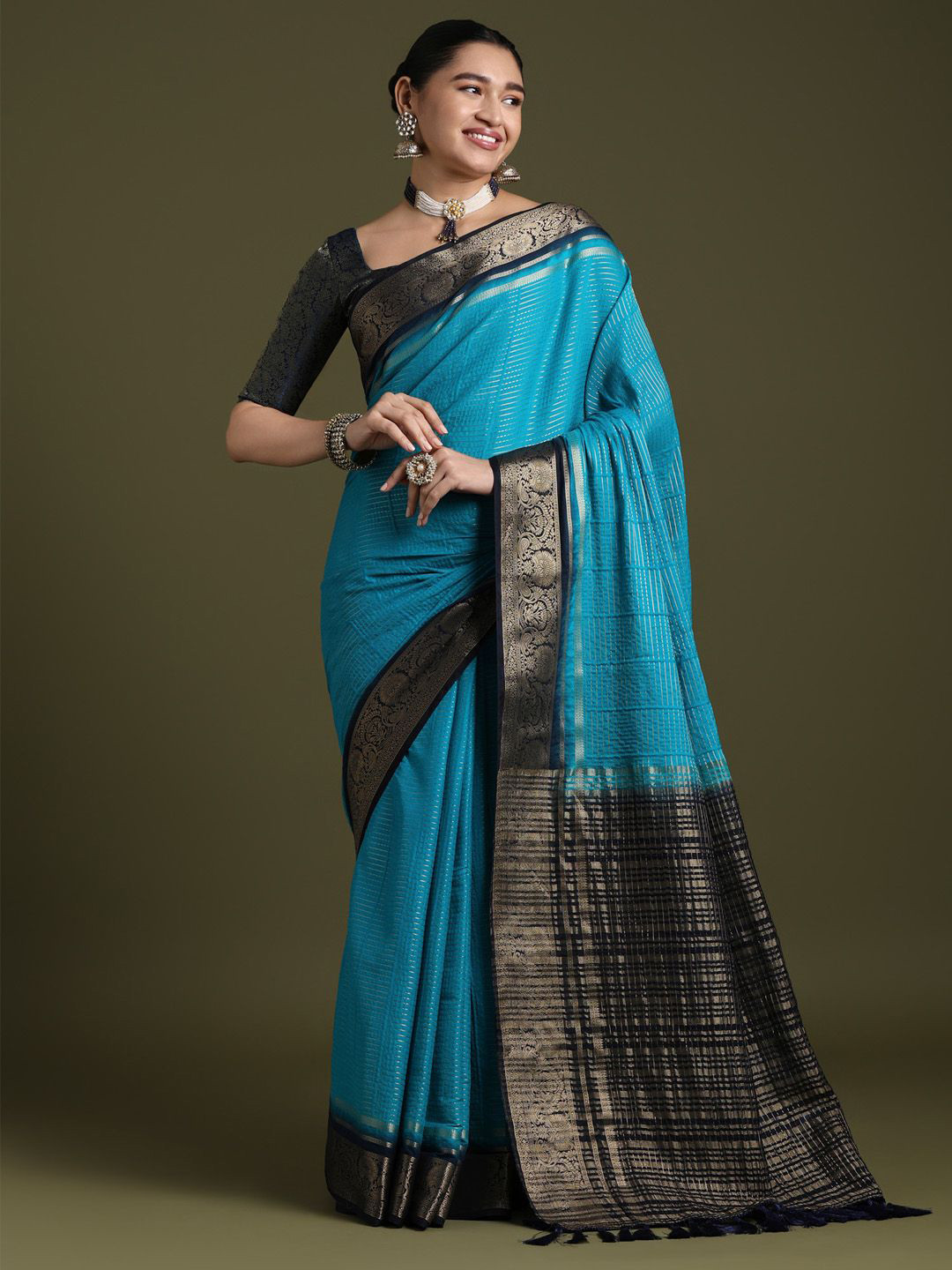 Anouk Light Women Blue Crepe Ethnic Woven Design Party Wear Saree with Matching Blouse