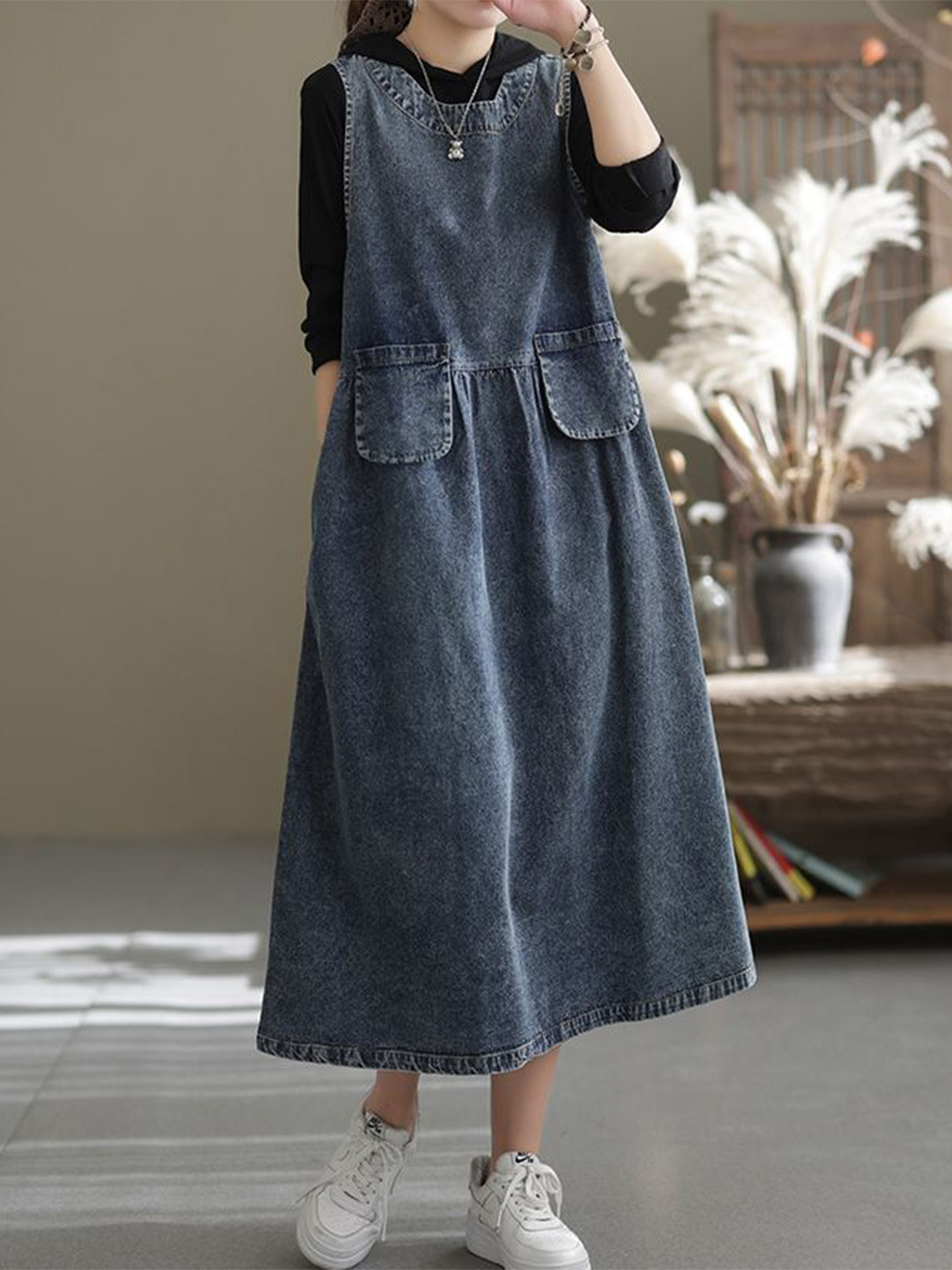StyleCast x Revolte Women Denim A-Line Midi Dress With Pockets