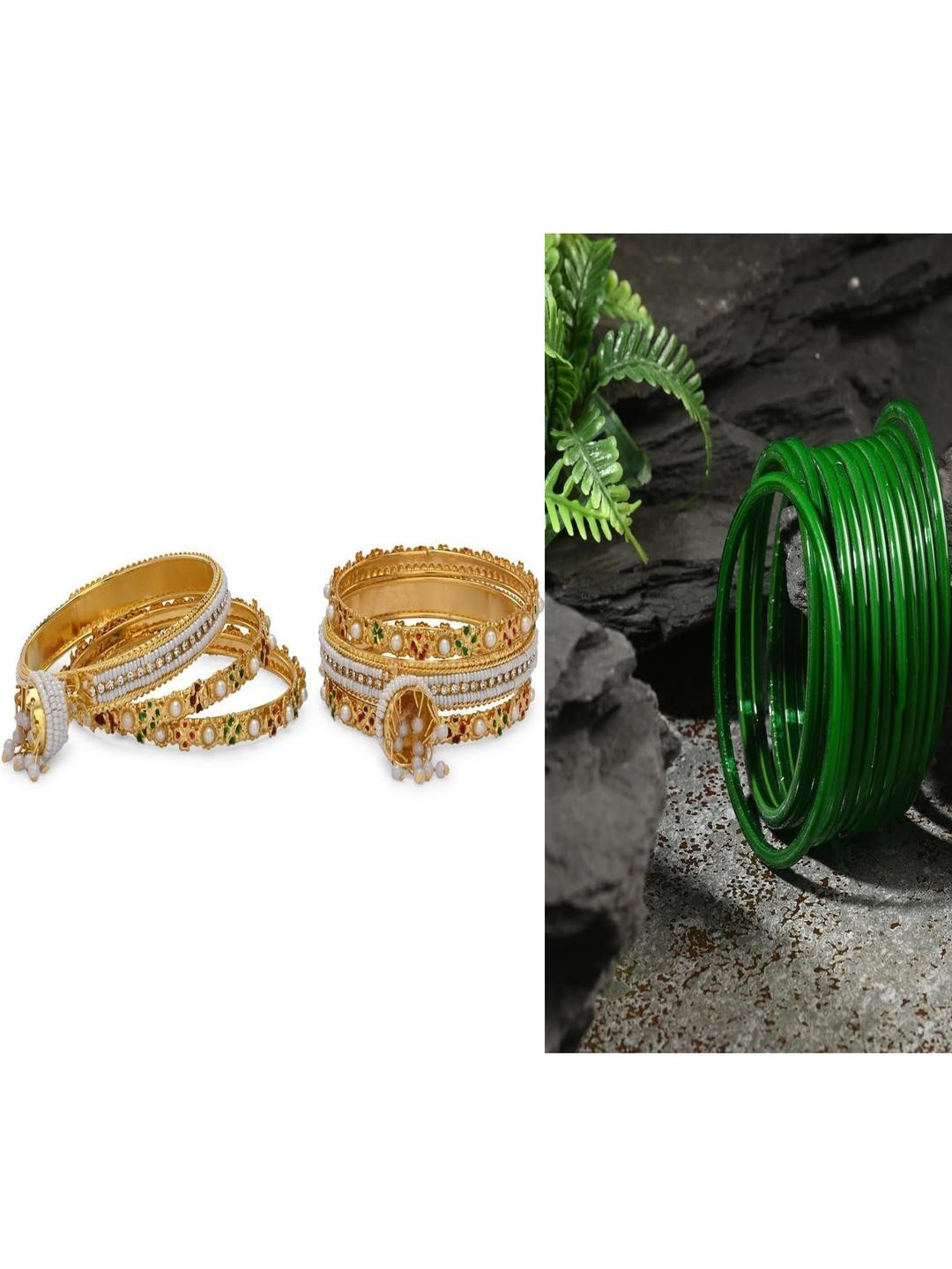 SOMIL Set Of 14 Glass Artificial Stones & Beads Bangles