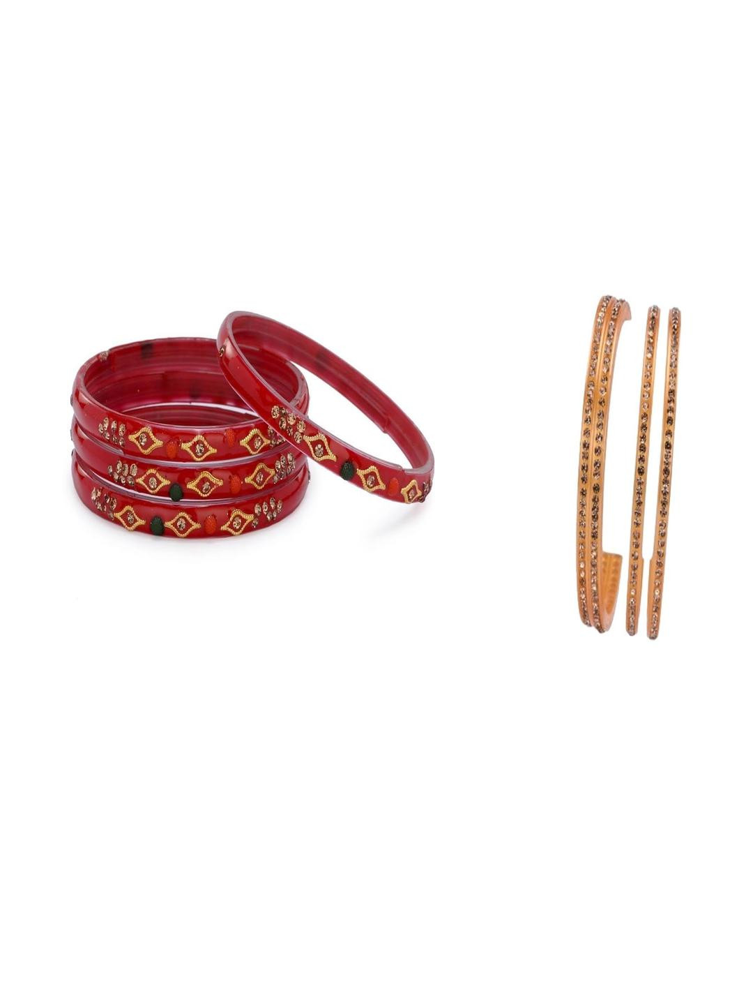 SOMIL Set Of 8 Red  & Gold Alloy Artificial Stones & Beads Bangles