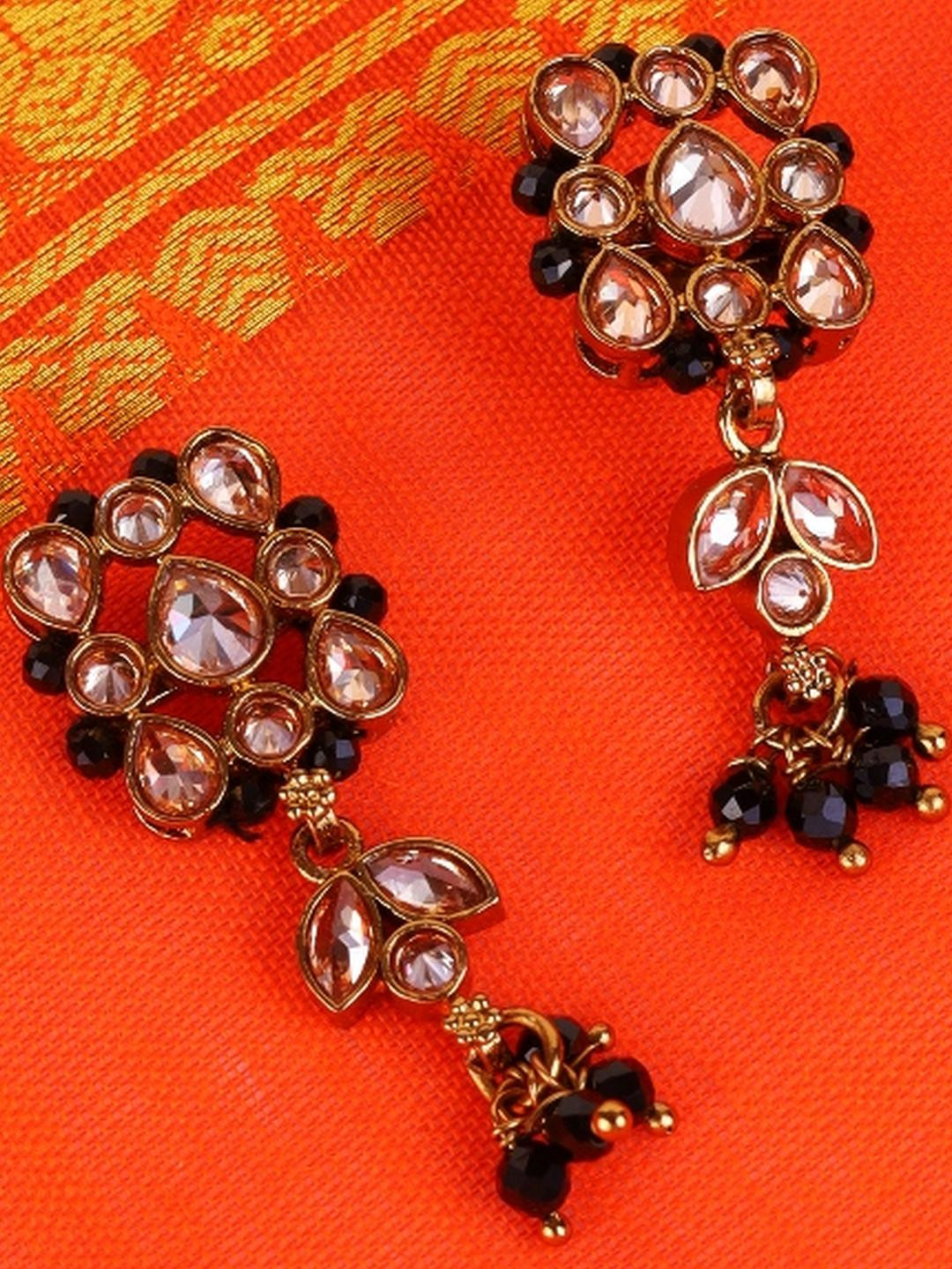 SALONI FASHION JEWELLERY Women Black Beads Gold Plated Floral Drop Earrings