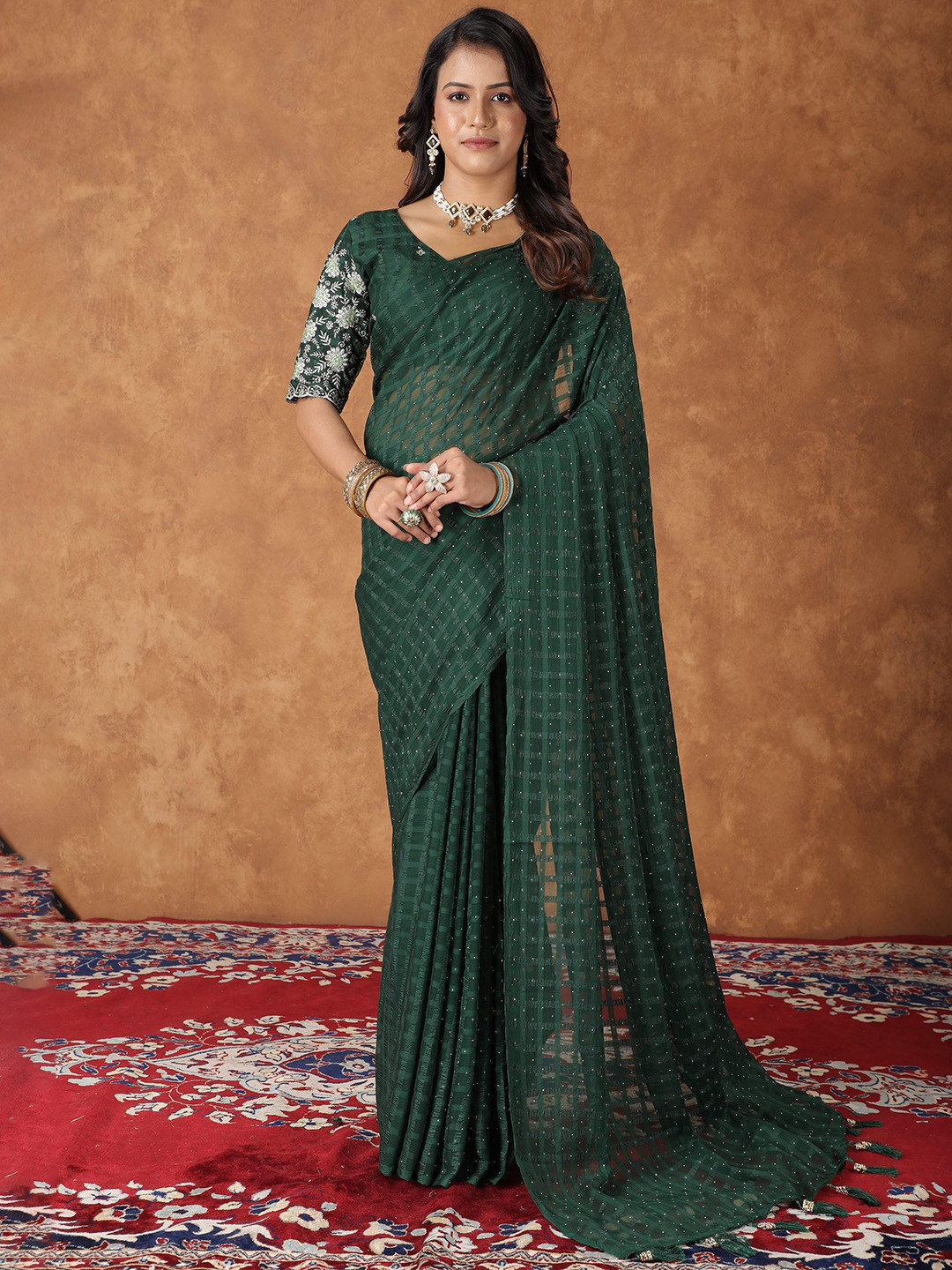 Dori Sequin Embellished Checked Saree with Embroidered Blouse