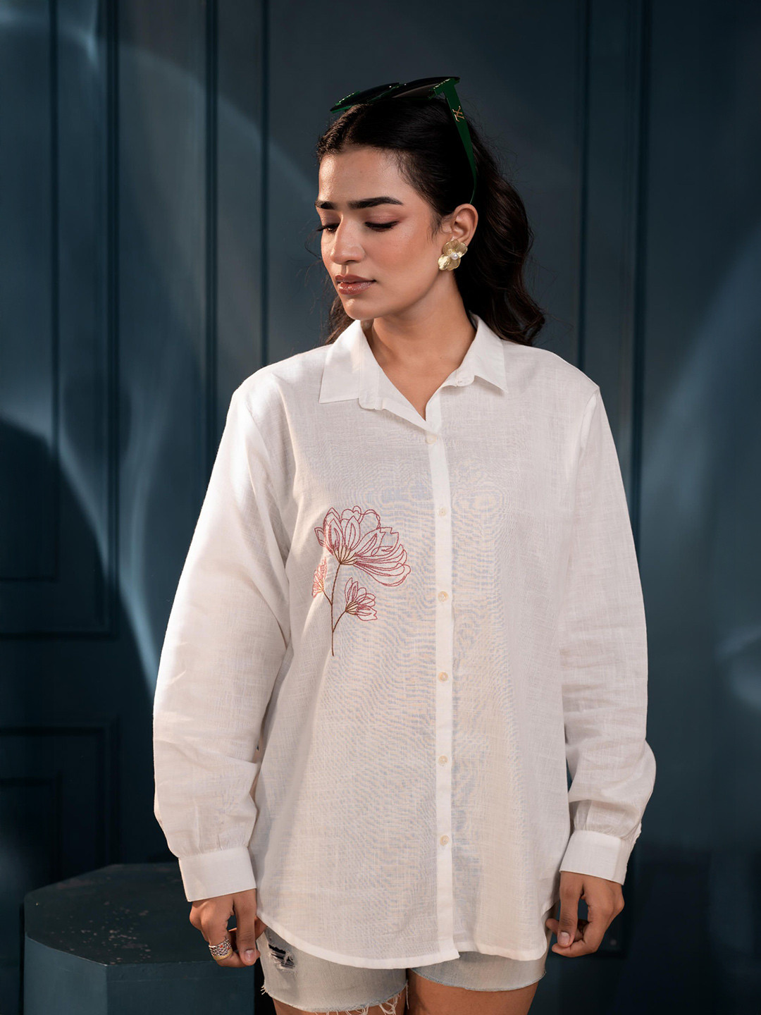 Juniper Women New Fit Floral Printed Spread Collar Cotton Casual Shirt