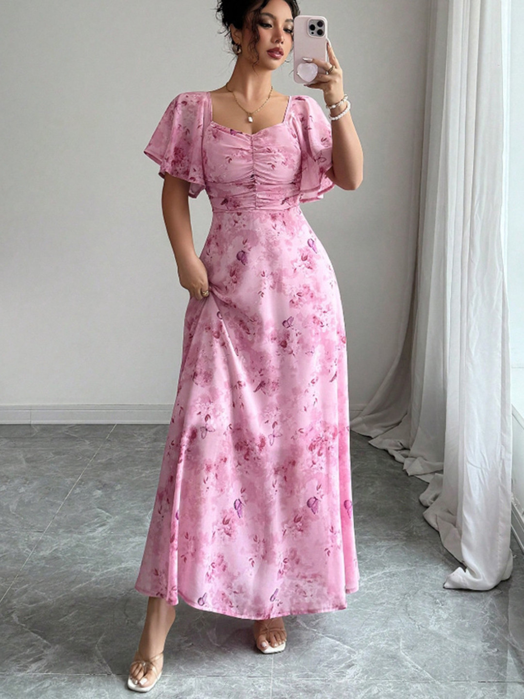 StyleCast x Revolte Women Foral  Print Flared Sleeve Fit & Flare Ruched Maxi Dress