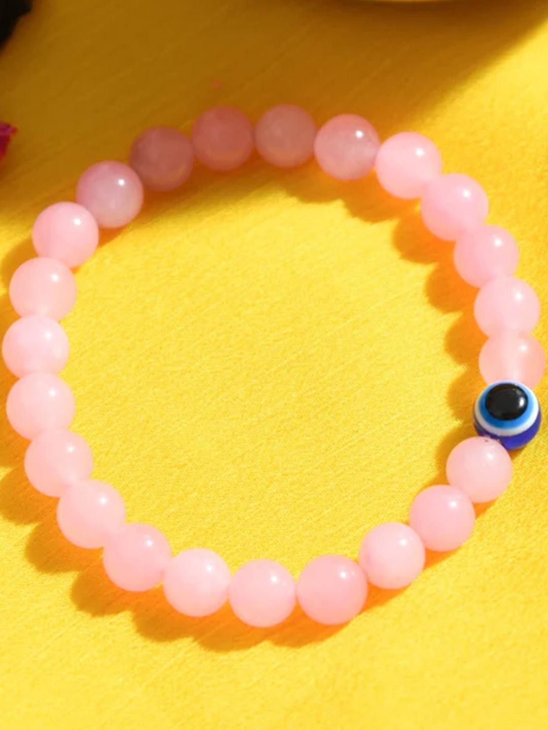 SENROAR Women Pink Quartz Evil Eye Ceramic Elasticated Charm Bracelet