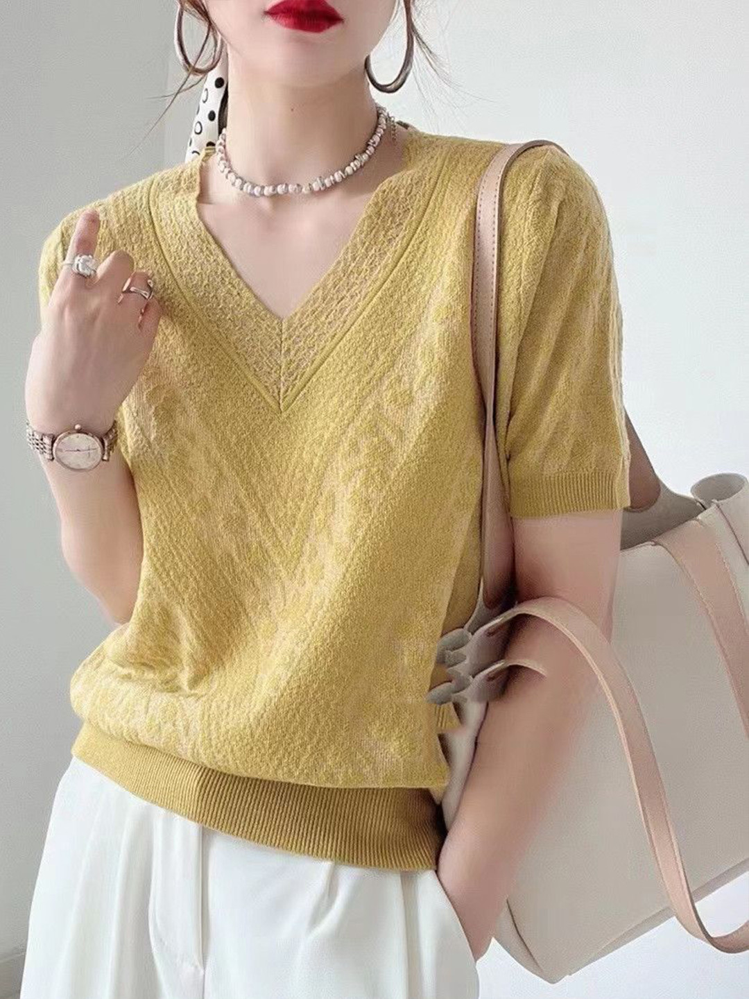 all about you Women Cotton V-Neck Short Sleeve Textured Top