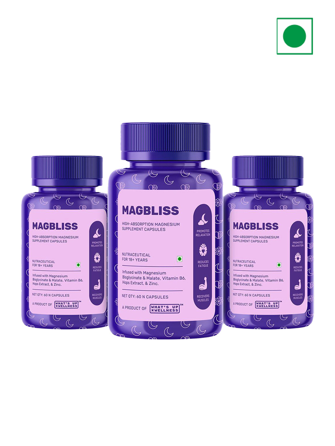 What's Up Wellness Set Of 3 High Absorbption Magnesium Supplement Capsules - 60 Pcs Each