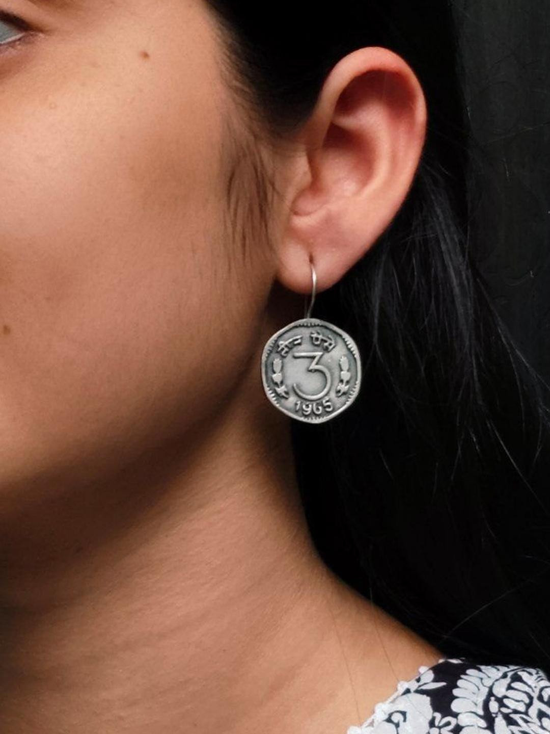 D9creation 3 Paisa Coin Silver Earrings