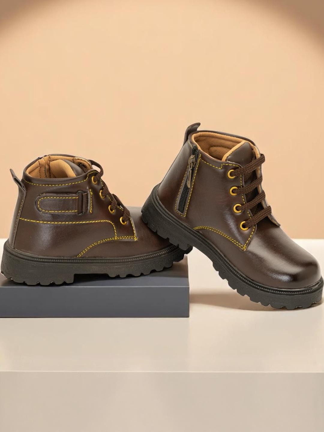 Freeplay Boys Brown Round Toe Solid Lace-Ups Celebration Boots