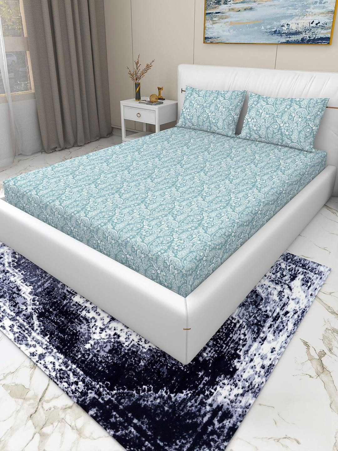 HIDECOR Blue & White Paisley Print 210 TC King Bedsheet With 2 Pillow Covers