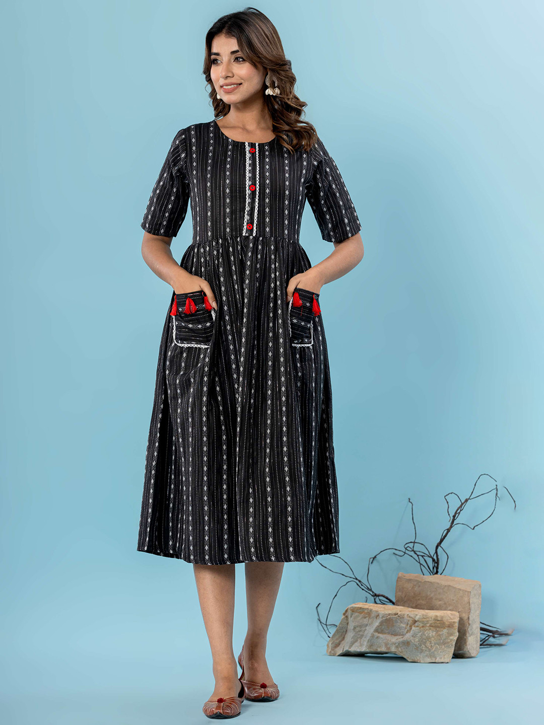 HEARTLOOM Striped Fit and Flare Midi Dress