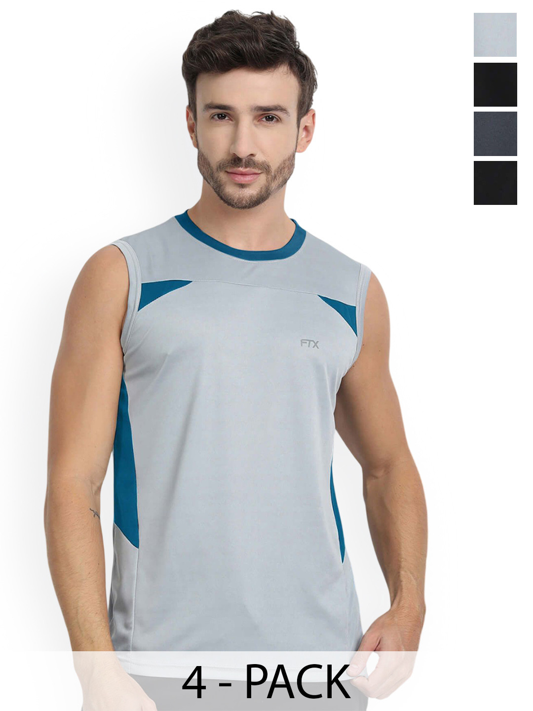 FTX Pack Of 4 Colourblocked Round Neck Bio-Wash Gym Innerwear Vests