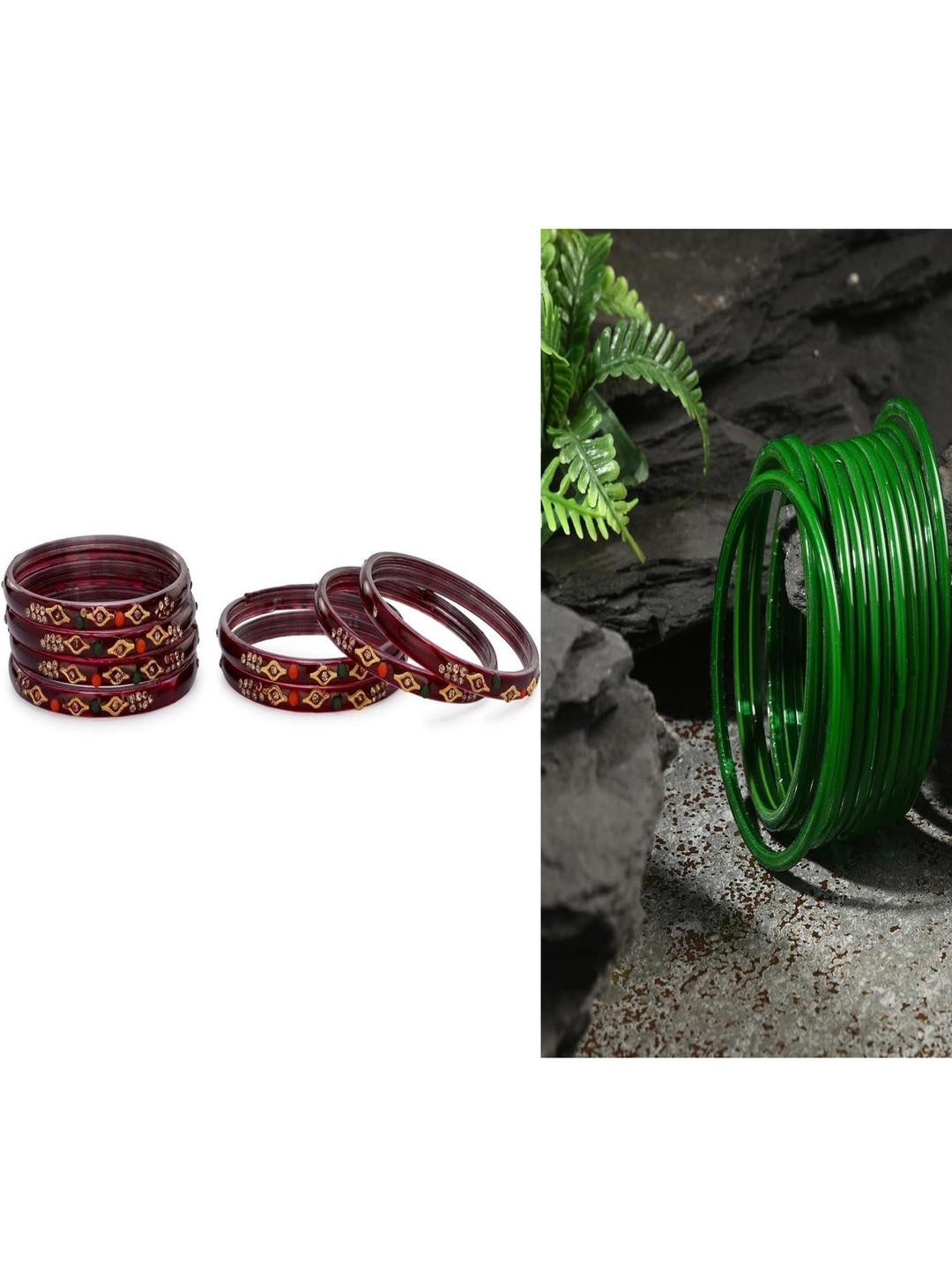 SOMIL Set Of 20 Maroon And Green Glass Artificial Stones & Beads Bangles