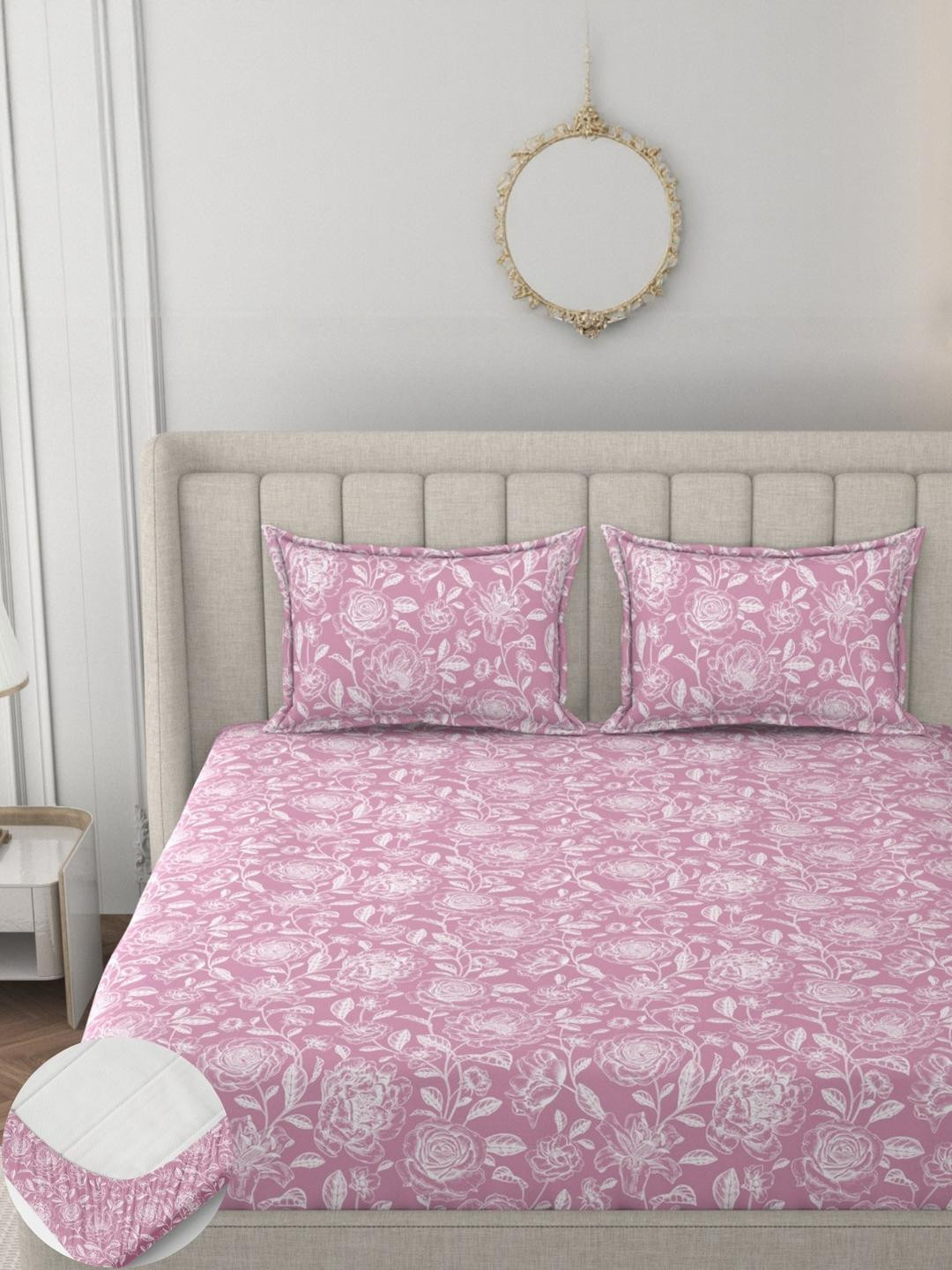 HIDECOR Pink & White Floral 210 TC King Bedsheet With 2 Pillow Covers