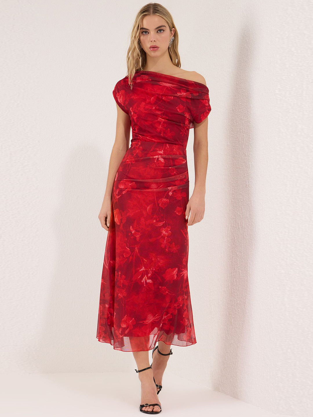 Trendyol Women Krmz-ok Renkli Floral Printed One Shoulder Layered Sheath Midi Dress