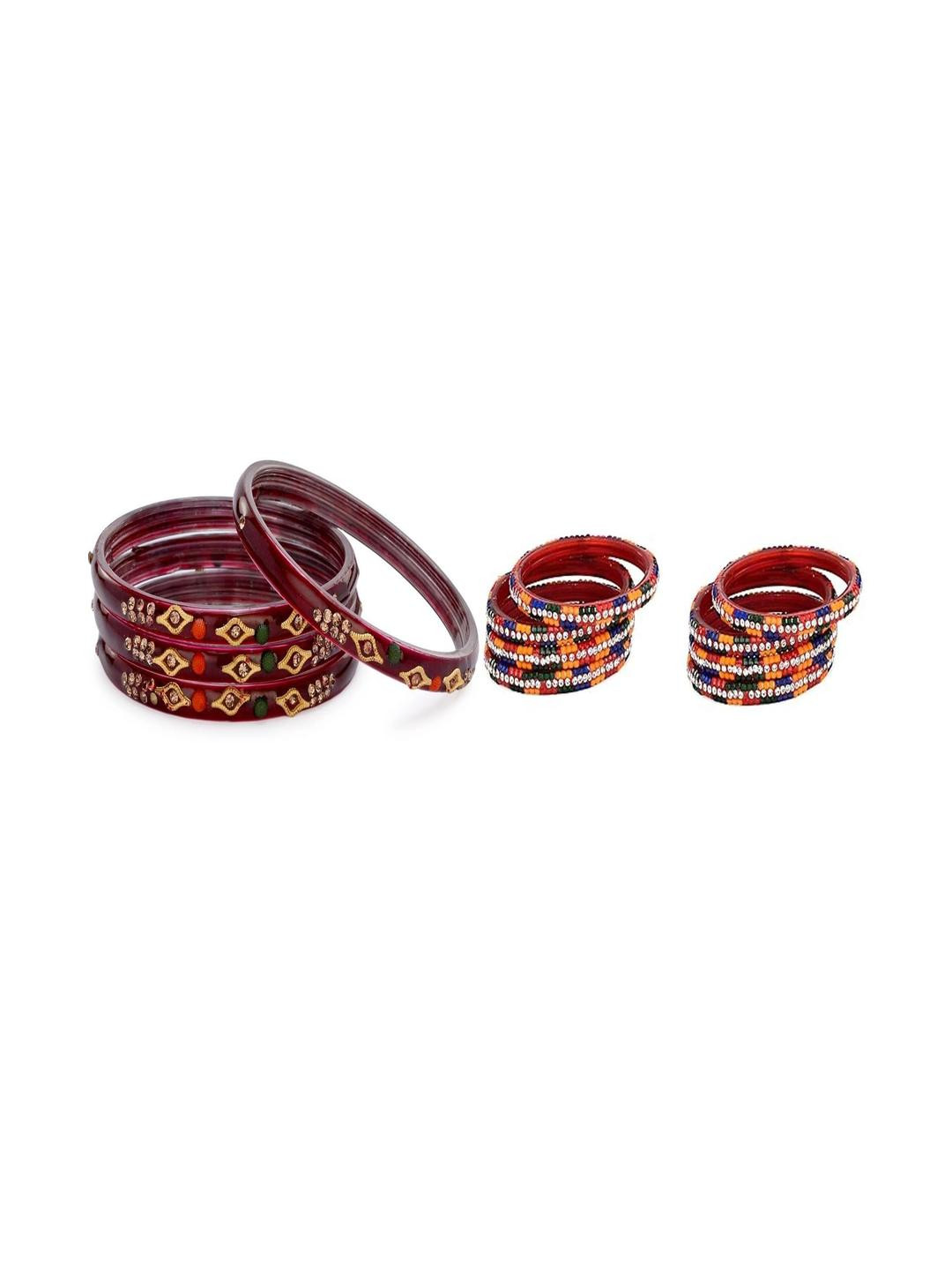 SOMIL Set Of 12 Maroon And Multicolor Glass Artificial Stones & Beads Bangles