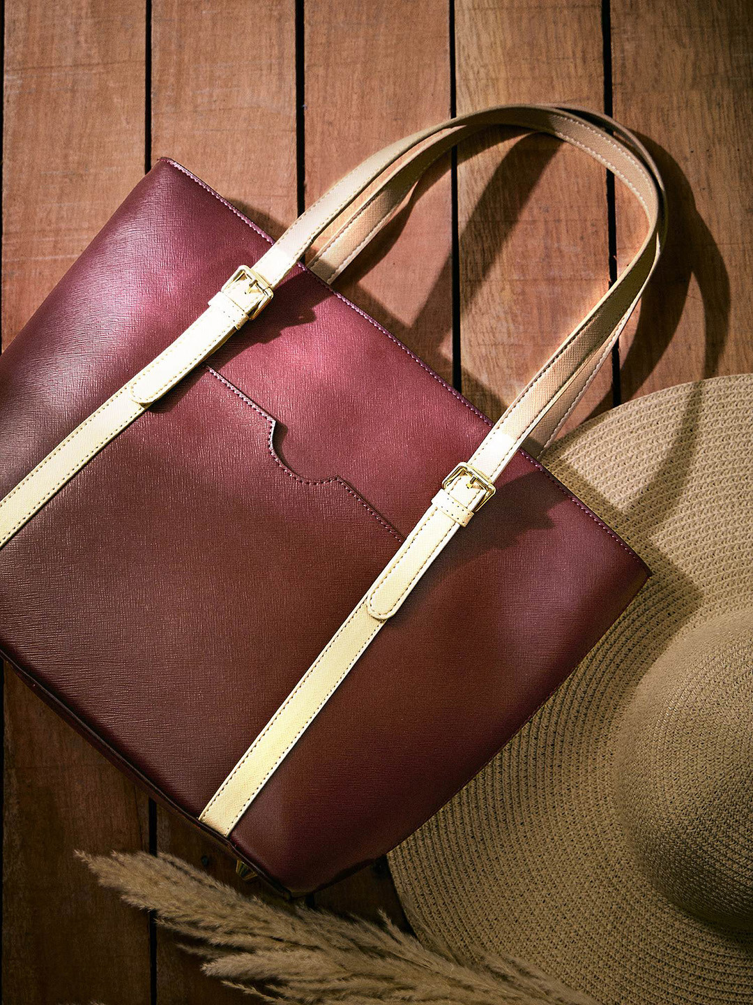 Mast & Harbour Maroon Half Moon Structured Handheld Tote Bag