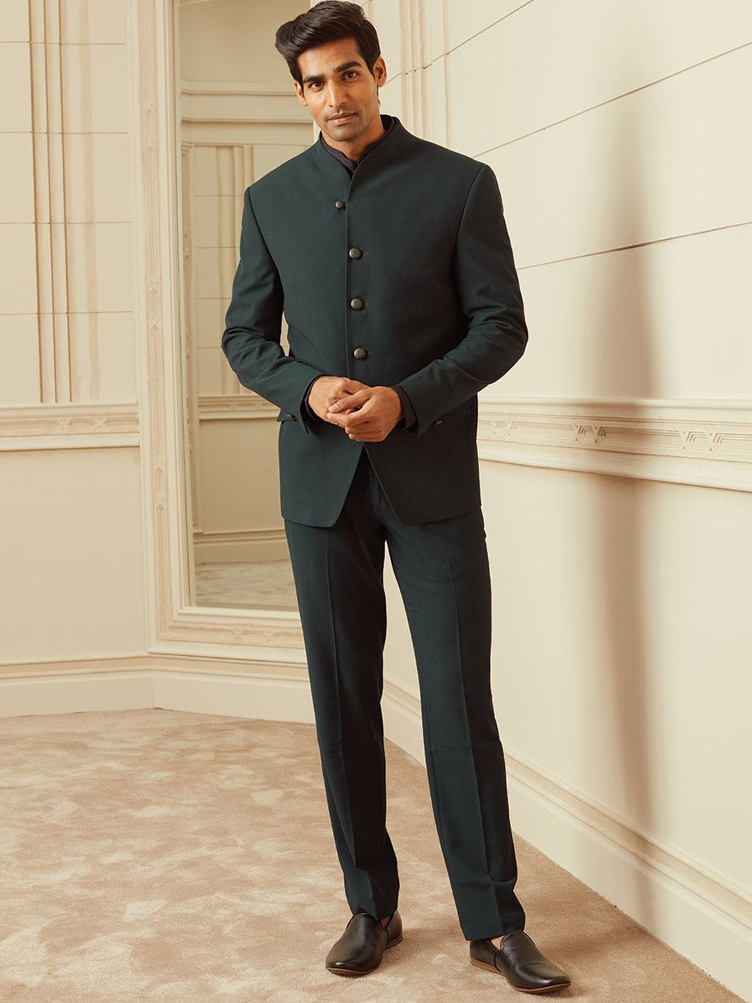 Tasva Plain Jodhpuri Bandhgala Blazer With Built Up Neck