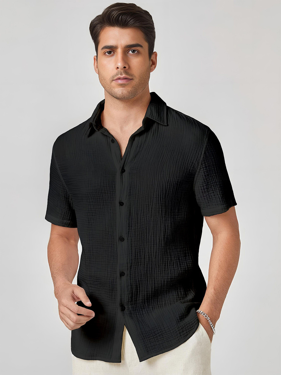 Color Bucket Standard Fit Textured Spread Collar Regular Fit Shirt