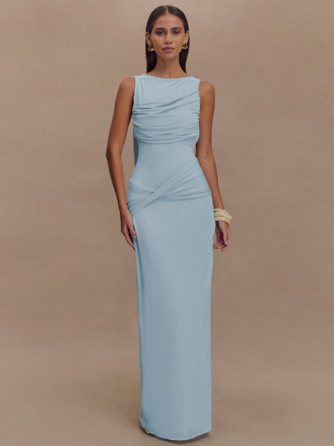 StyleCast x Revolte Women Boat Neck Ruched Chiffon Bodycon Maxi Dress with Slit
