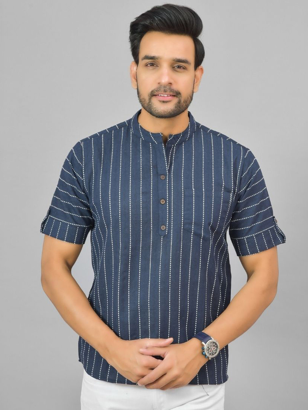 Anouk Rustic Striped Mandarin CollarPure Cotton  Kurta