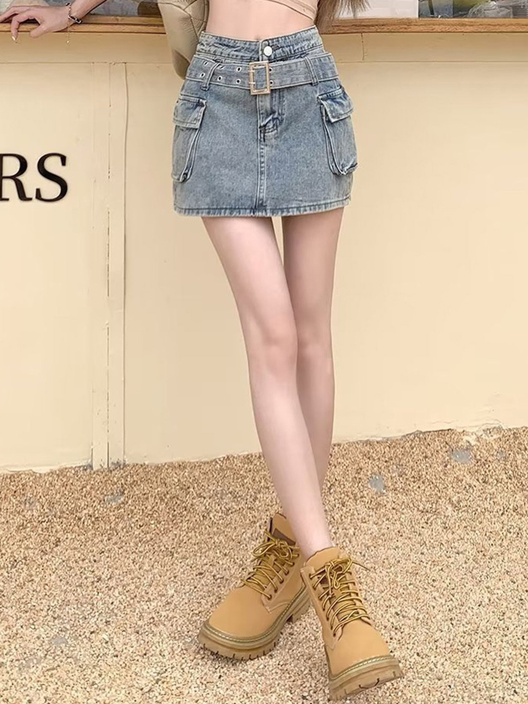 LULU & SKY Buckle-Belt Detail Denim A-Line Mini Skirt