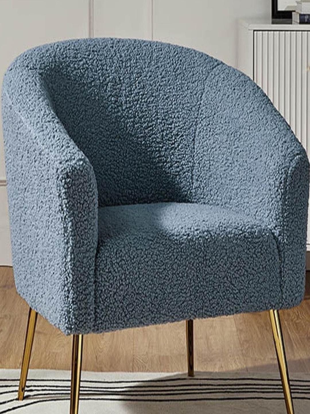 DOE BUCK Blue Solid Boucle Upholstered Tub Accent Chair with Metal Legs