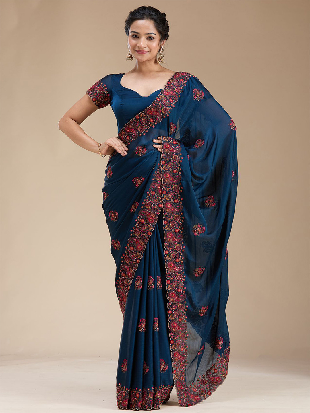 Koskii Navy Blue Kashmiri Chiffon Saree