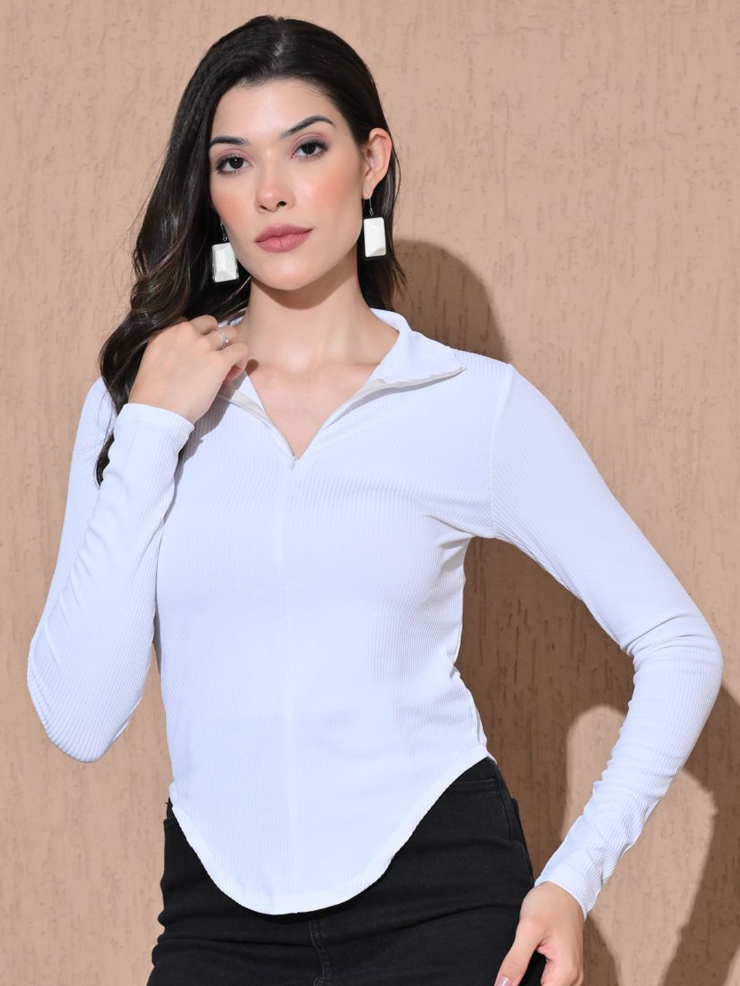 IUGA Women White Ribbed Shirt Collar Top