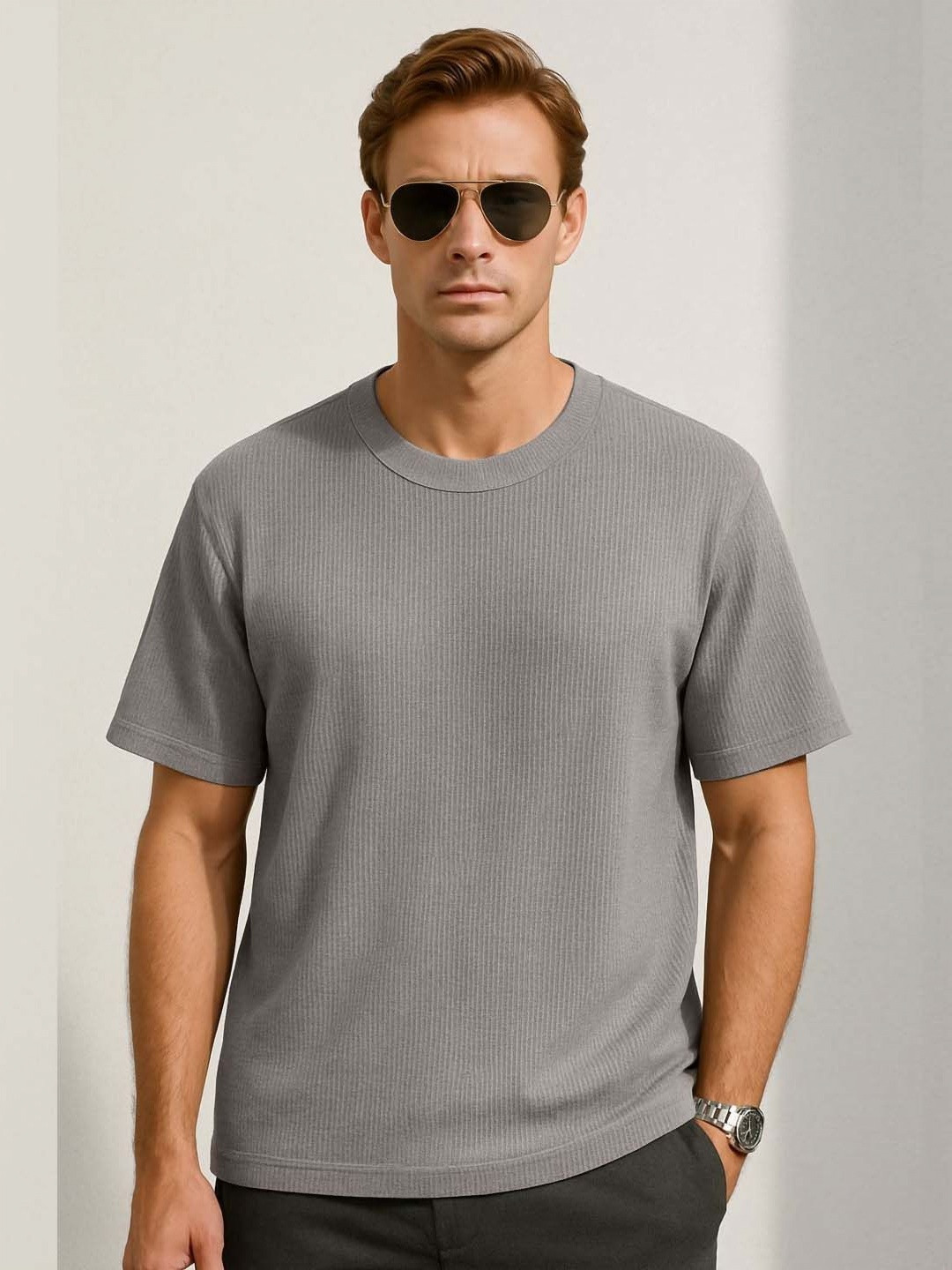 Organic Chics Men Self Design Round Neck Cotton Oversized T-shirt