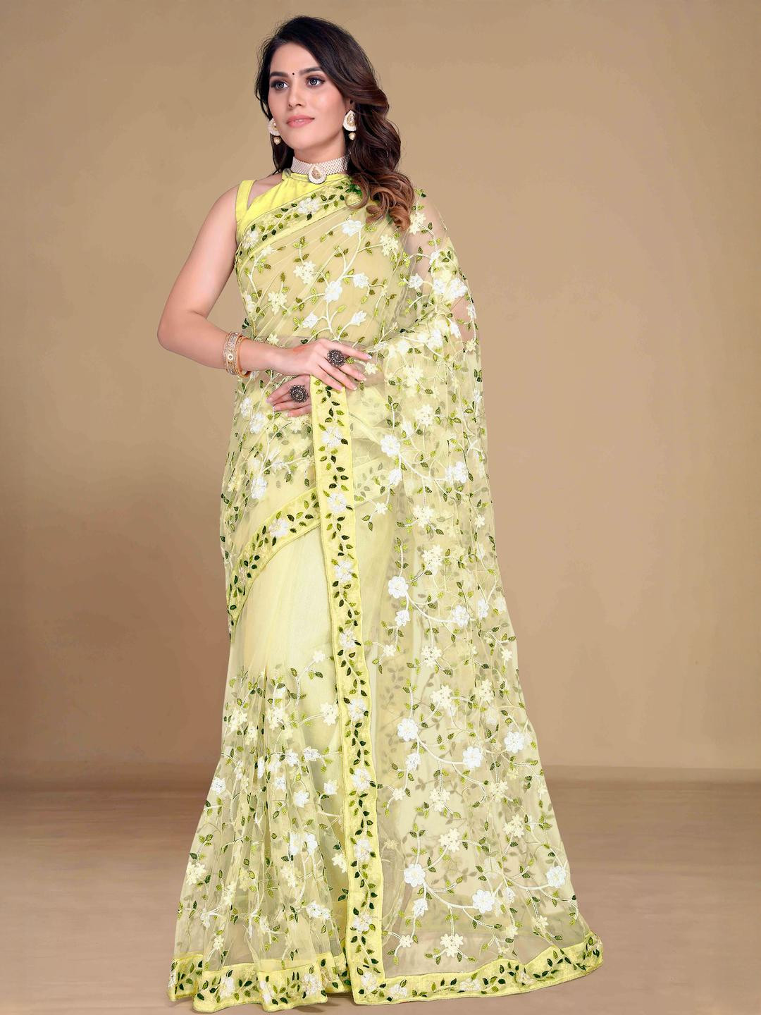 Peachmode Yellow Net  Sarees