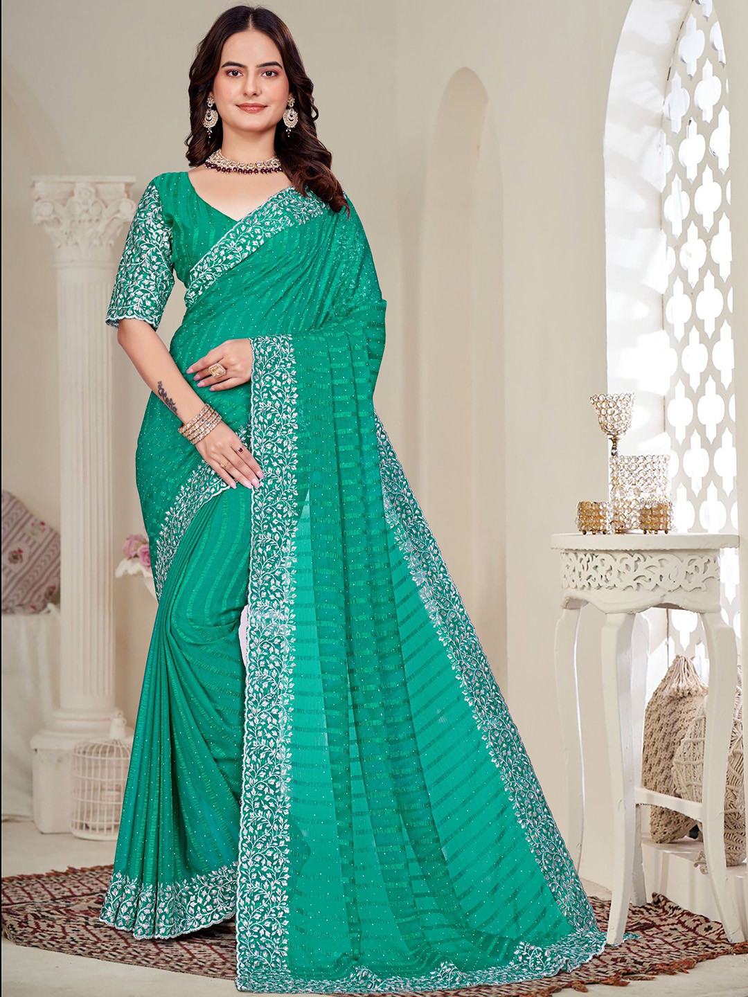 Dori Sequin Embellished Saree with Heavy Embroidered Floral Border