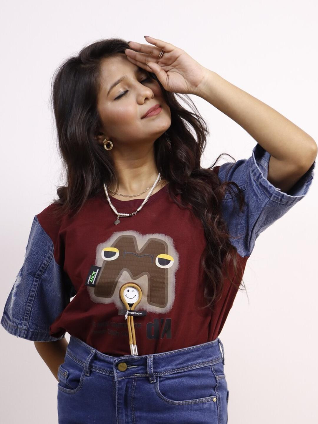 MODFUSE Women Maroon Graphic Cotton T-Shirt With Denim Detailing