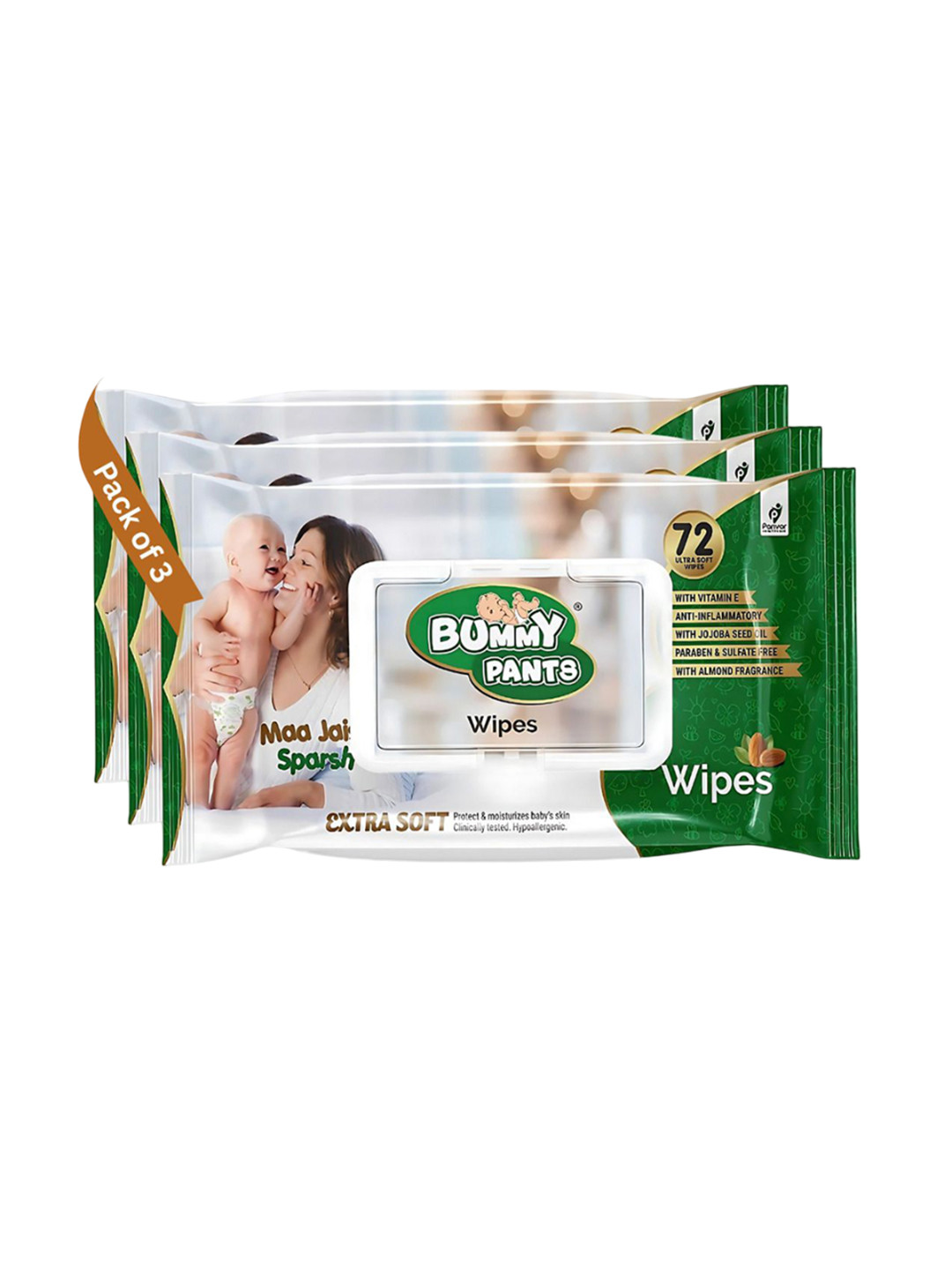 Bummy Pants Kids Set of 3 Moisturizing Baby Wipes - 72 Wipes Per Pack