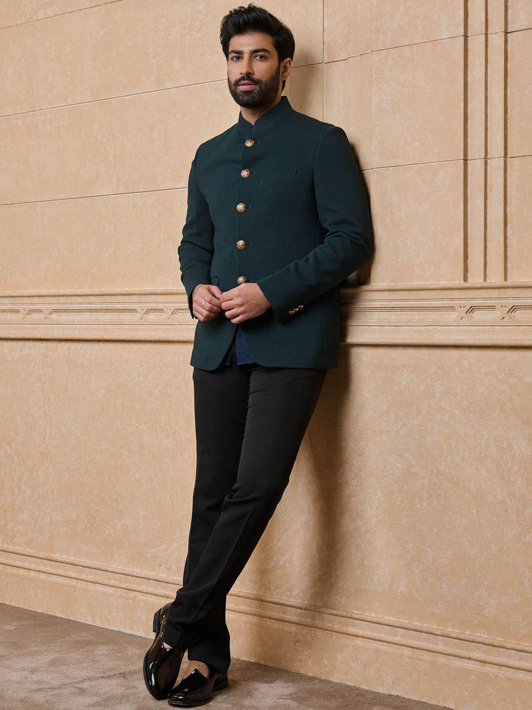 Tasva Self Designed Cotton Jodhpuri Bandhgala Blazer