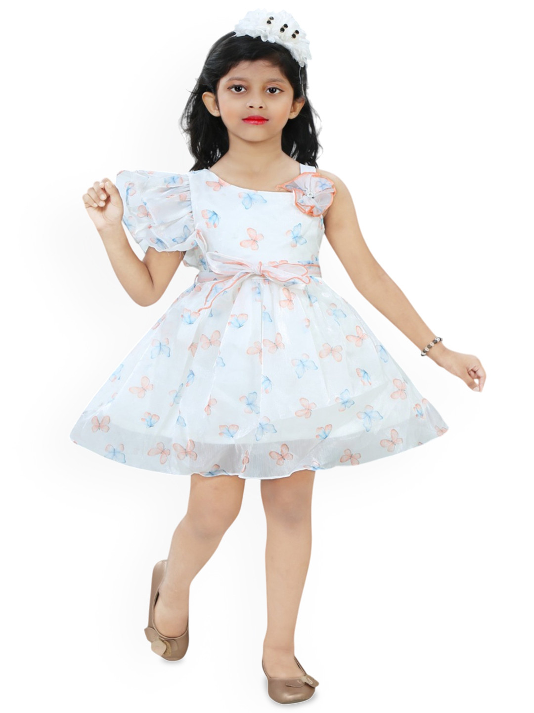 T Sumaita Dresses Girls Floral Printed One Shoulder Satin Fit & Flare Dress with Belt
