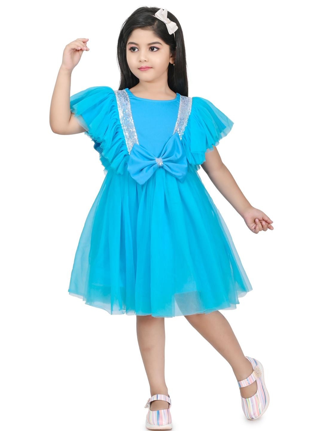 CHANDRIKA Girls Turquoise Blue Viscose Rayon Round Neck Flutter Sleeves Knee Length Dress