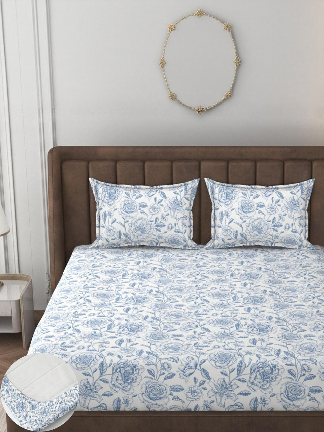 HIDECOR Super soft glace cotton printed elastic fitted bedsheet with 2 pillow cover(White