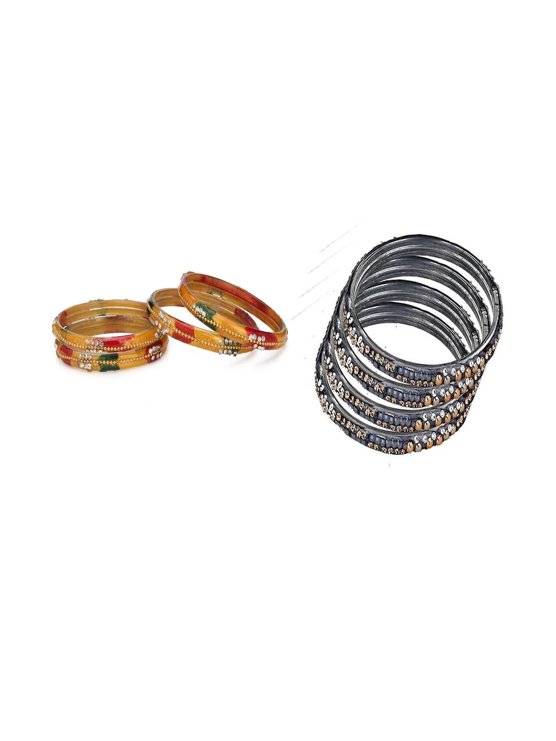 SOMIL Set Of 8 grey and yellow multi colour Alloy Bangles
