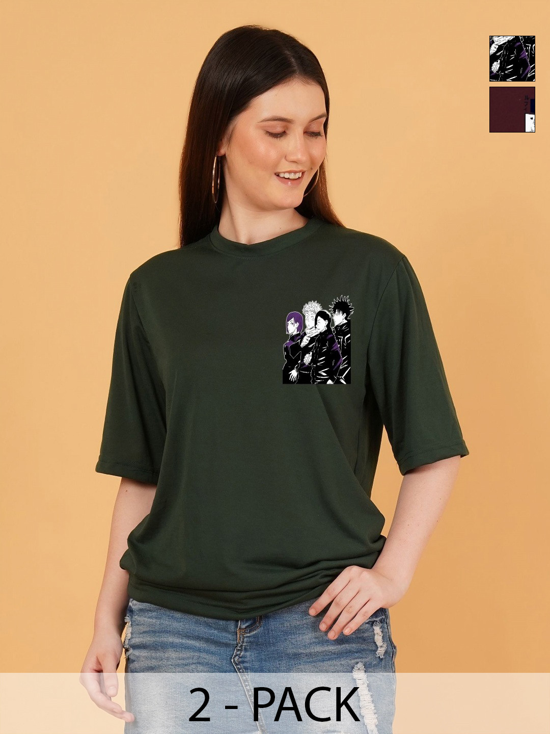 Kushi Flyer Women Pack of 2 One piece Graphic Printed Round Neck Relaxed Fit T-shirts