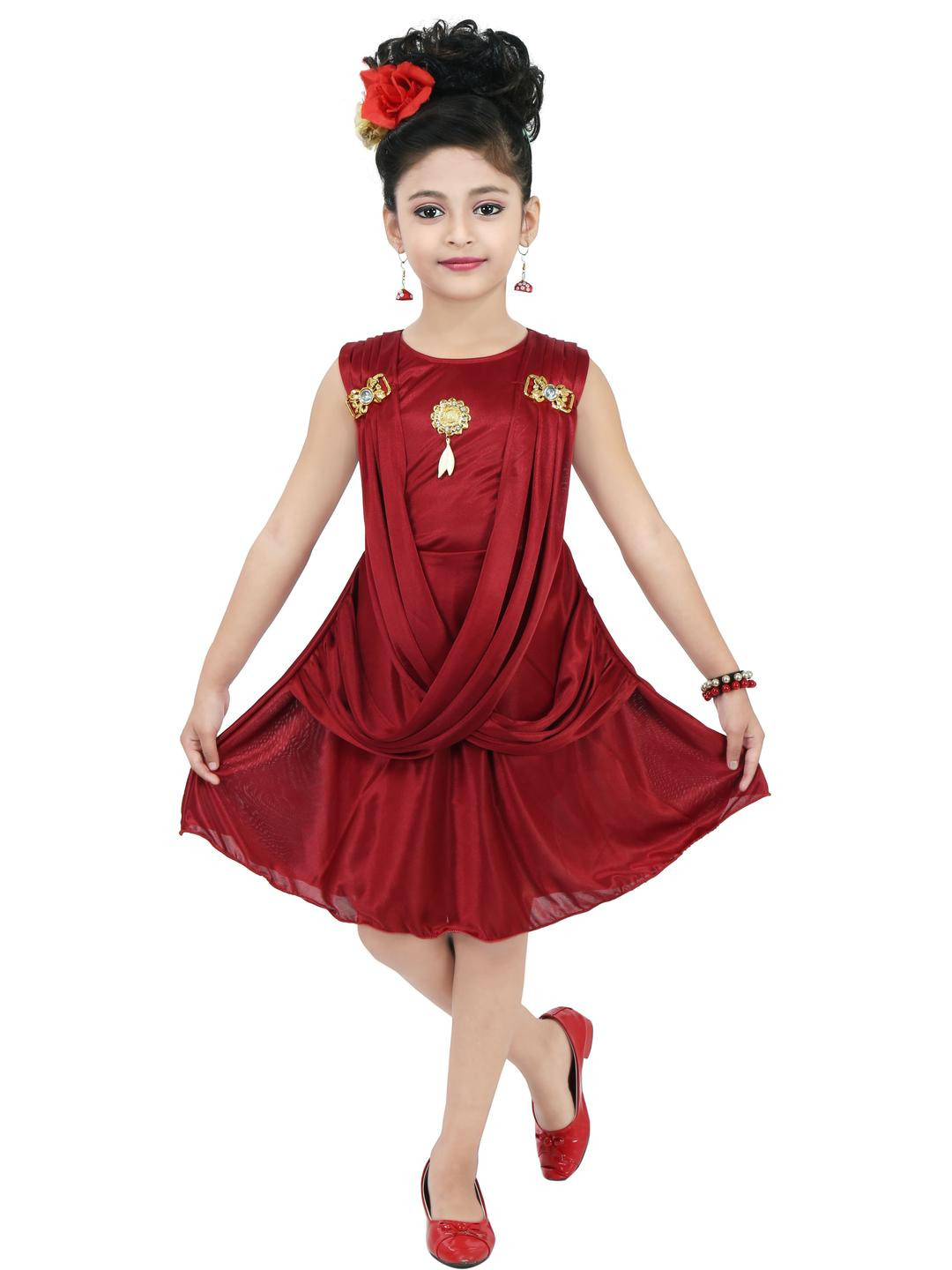 CHANDRIKA Girls Maroon Below Knee Party Dress