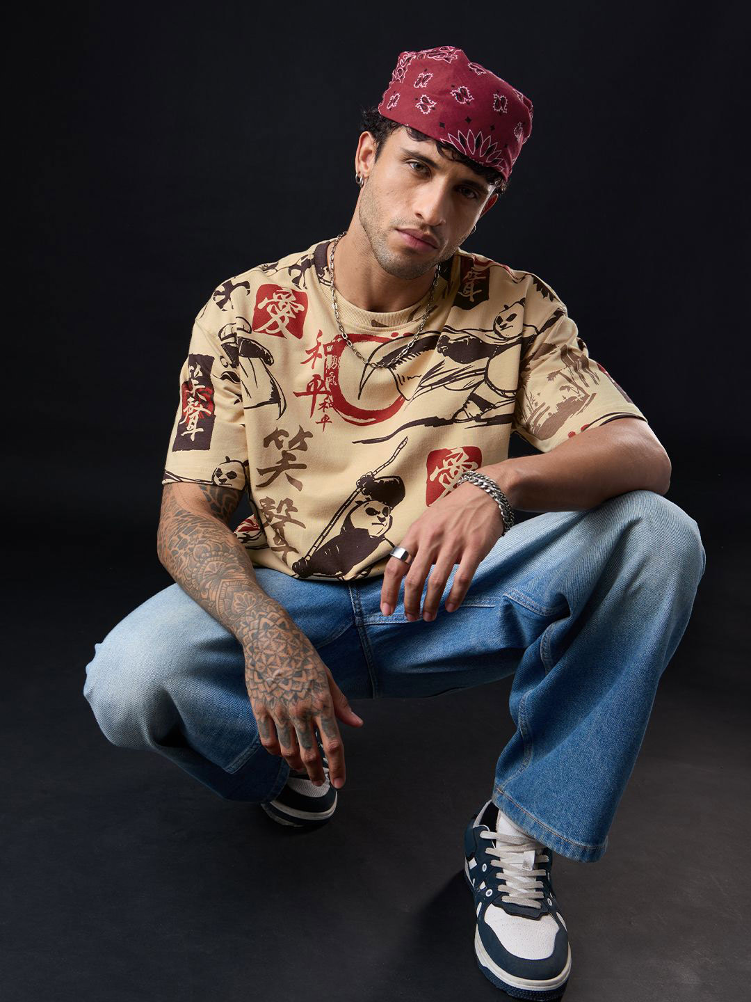 The Souled Store Oversized Kung Fu Panda Sketchy Panda Printed Pure Cotton T-Shirt