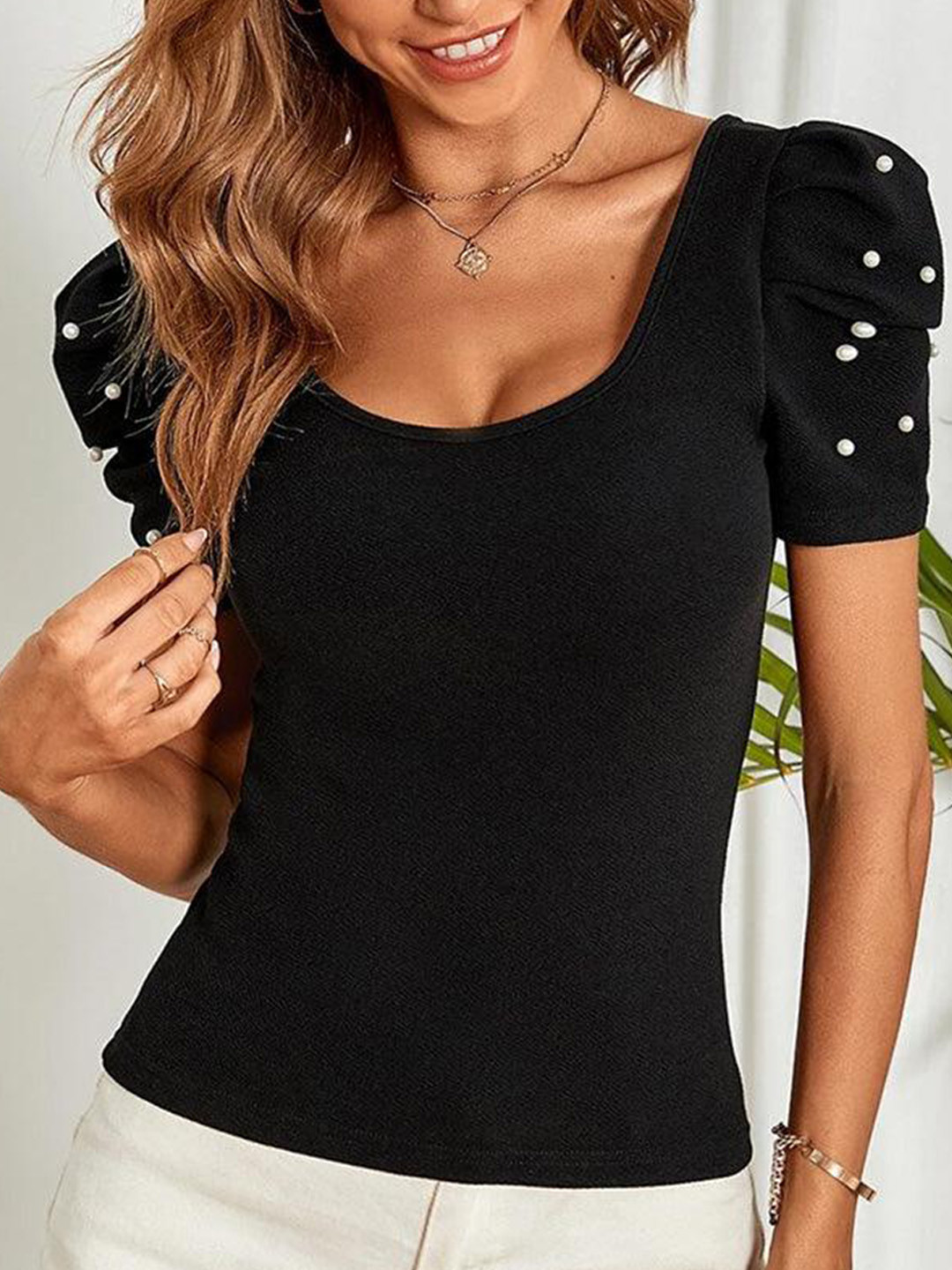 SFOTY Women Scoop Neck Puff Sleeve Top