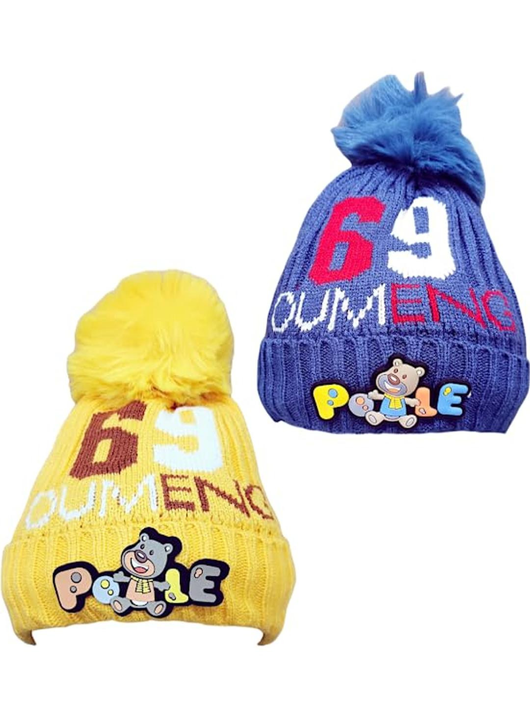 Trubliz Kids Pack of 2 Blue and Yellow Printed Pom Pom Beanie