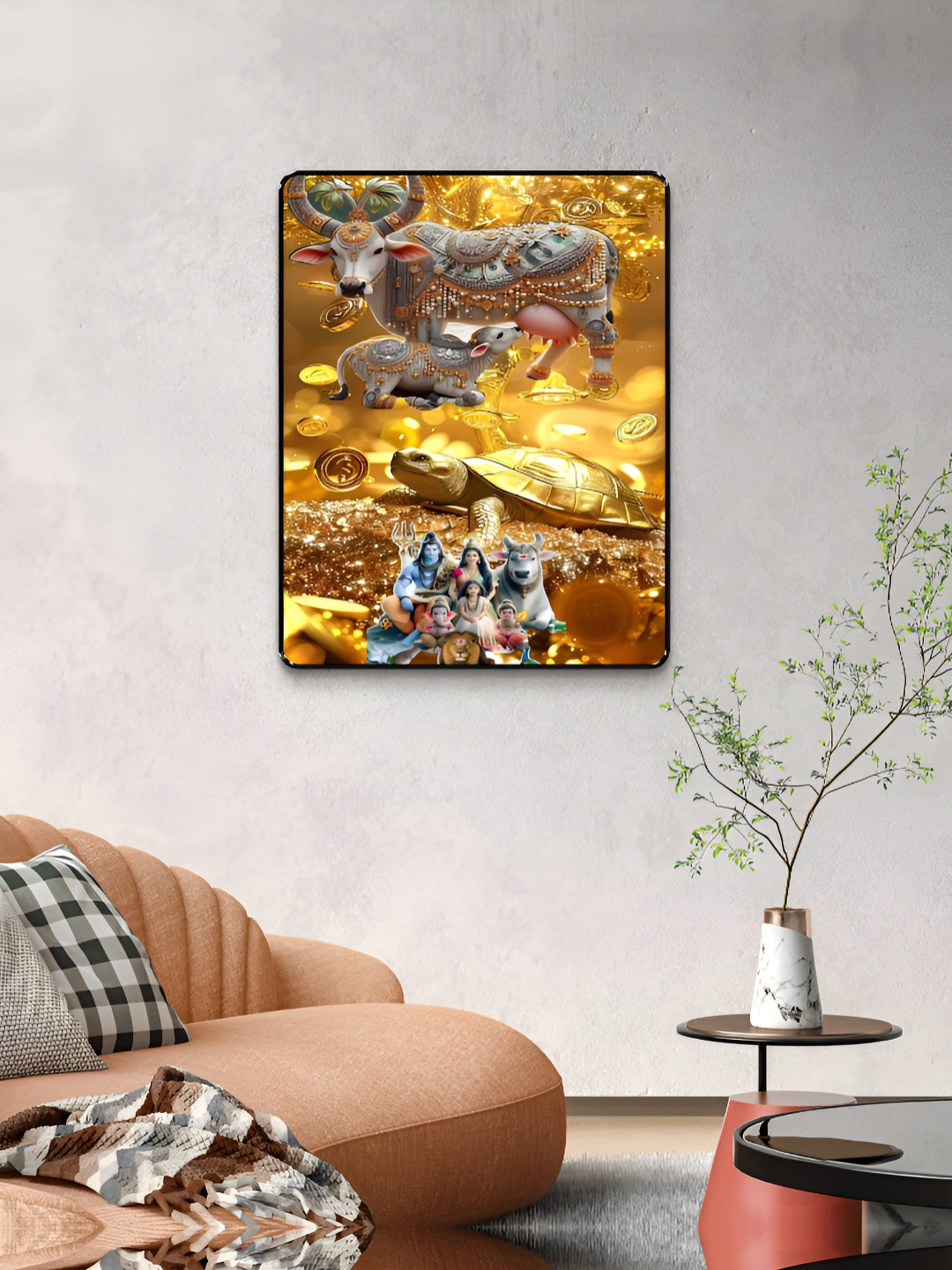 Livin'luxe Gold-Toned & Blue Kamdhenu Cow Tortoise Shiva Family Wall Art