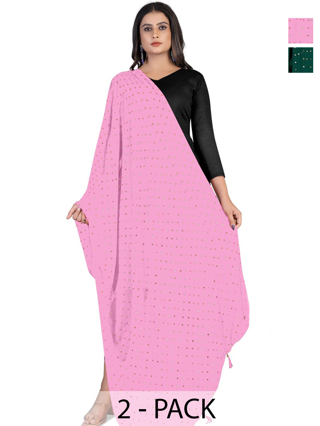 Kemza Selection Of 2 Polka Dots Embroidered Chiffon Dupattas With Beads and Stones