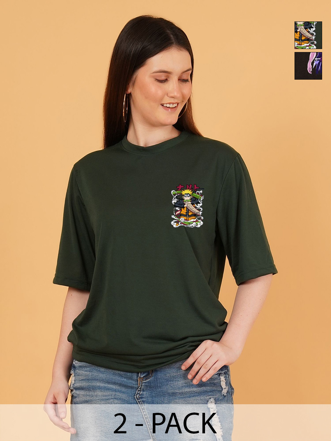 Kasendra Women Pack of 2 Jujutsu Kaisen Graphic Printed Round Neck Relaxed Fit T-shirts