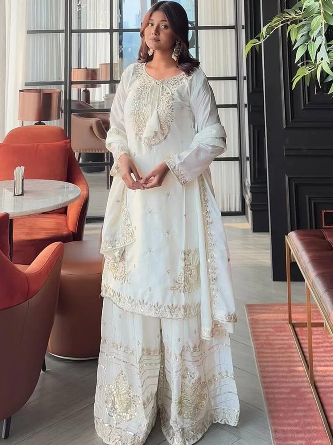 ANVERI TEXTILES Floral Embroidered Sequinnned Straight Pure Silk Kurta Palazzo & Dupatta