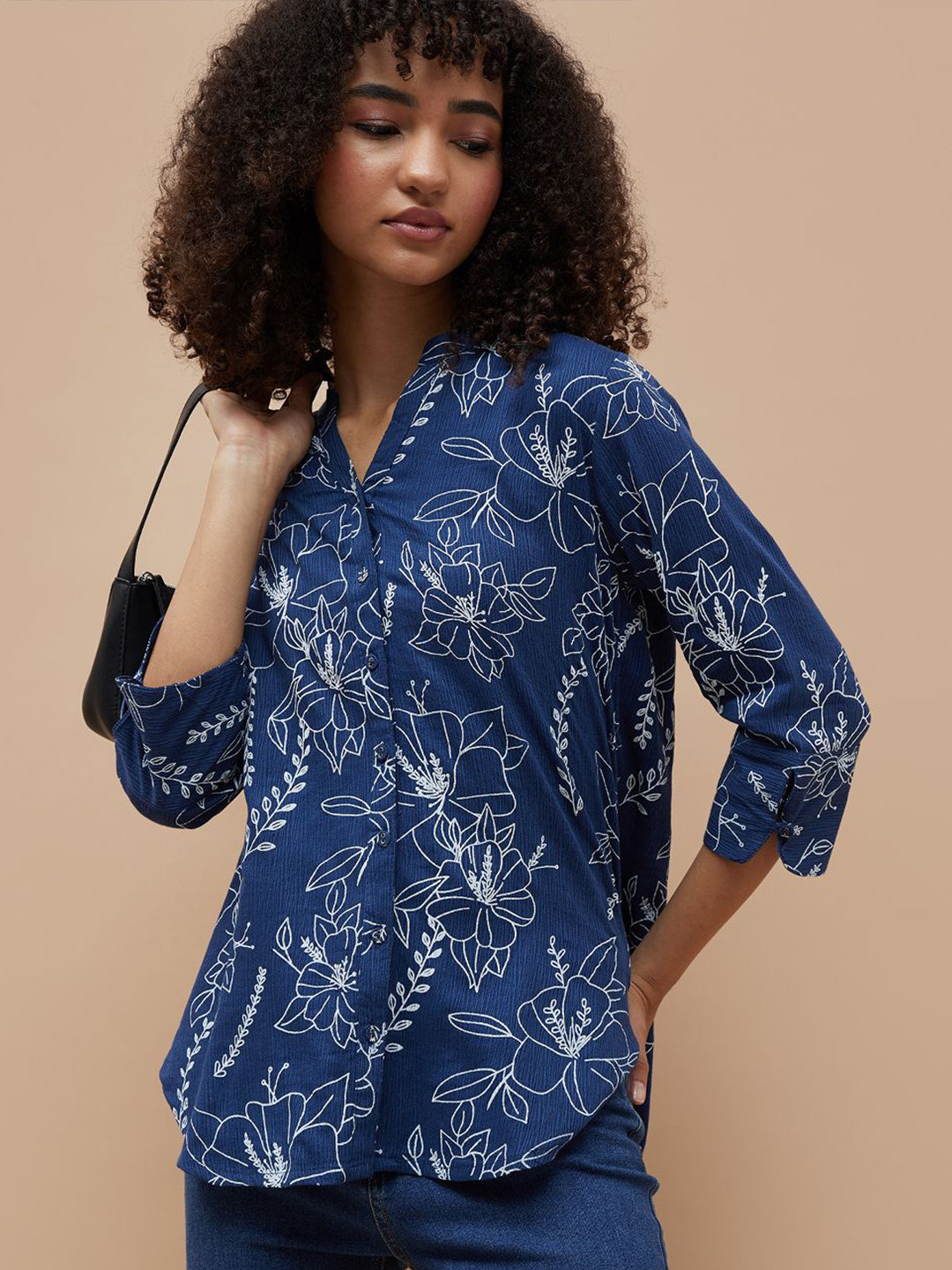 Colour Me by Melange Floral Printed Band Collar Pure Cotton Regular Fit Shirt